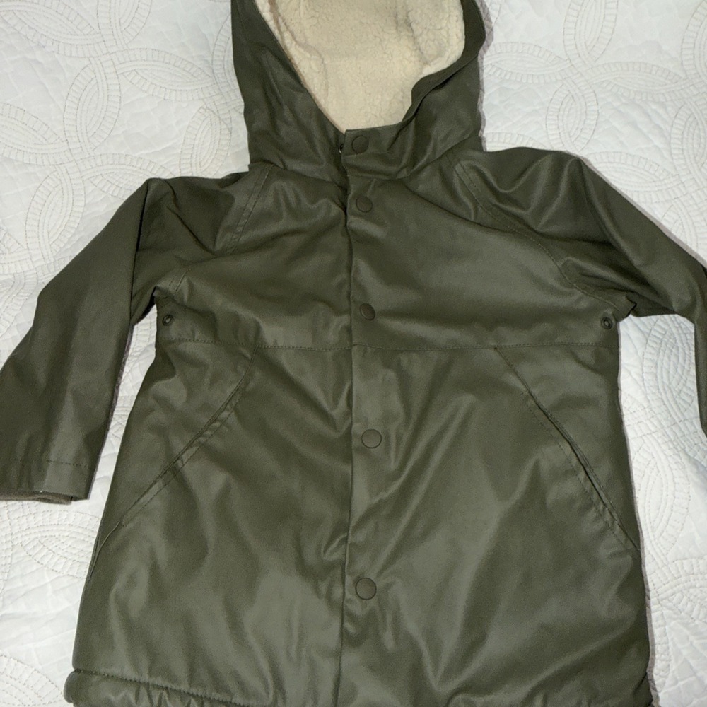 ZARA Toddler Rain Coat Jacket Fleece Lined Rubberized Olive Green Raincoat